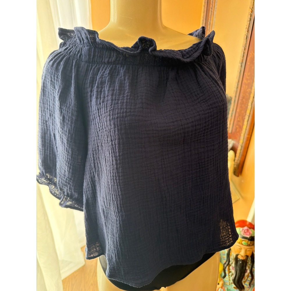 Morgan Taylor Navy Blue Gauze Off The Shoulder Ruffle Puff Sleeve Blouse Small